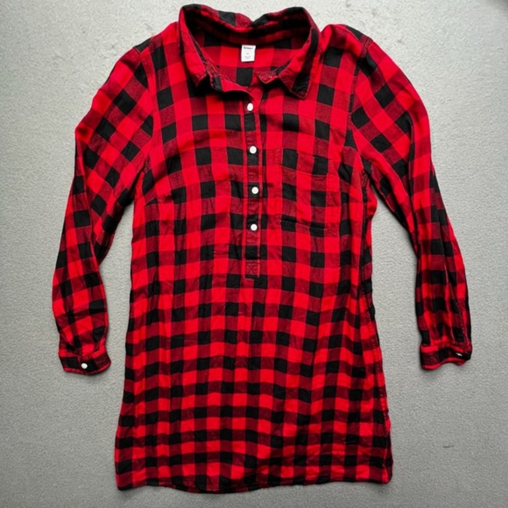 Old Navy‎ Red Black Buffalo Plaid Tunic Shirt Dress Womens XS Long Sleeve Button